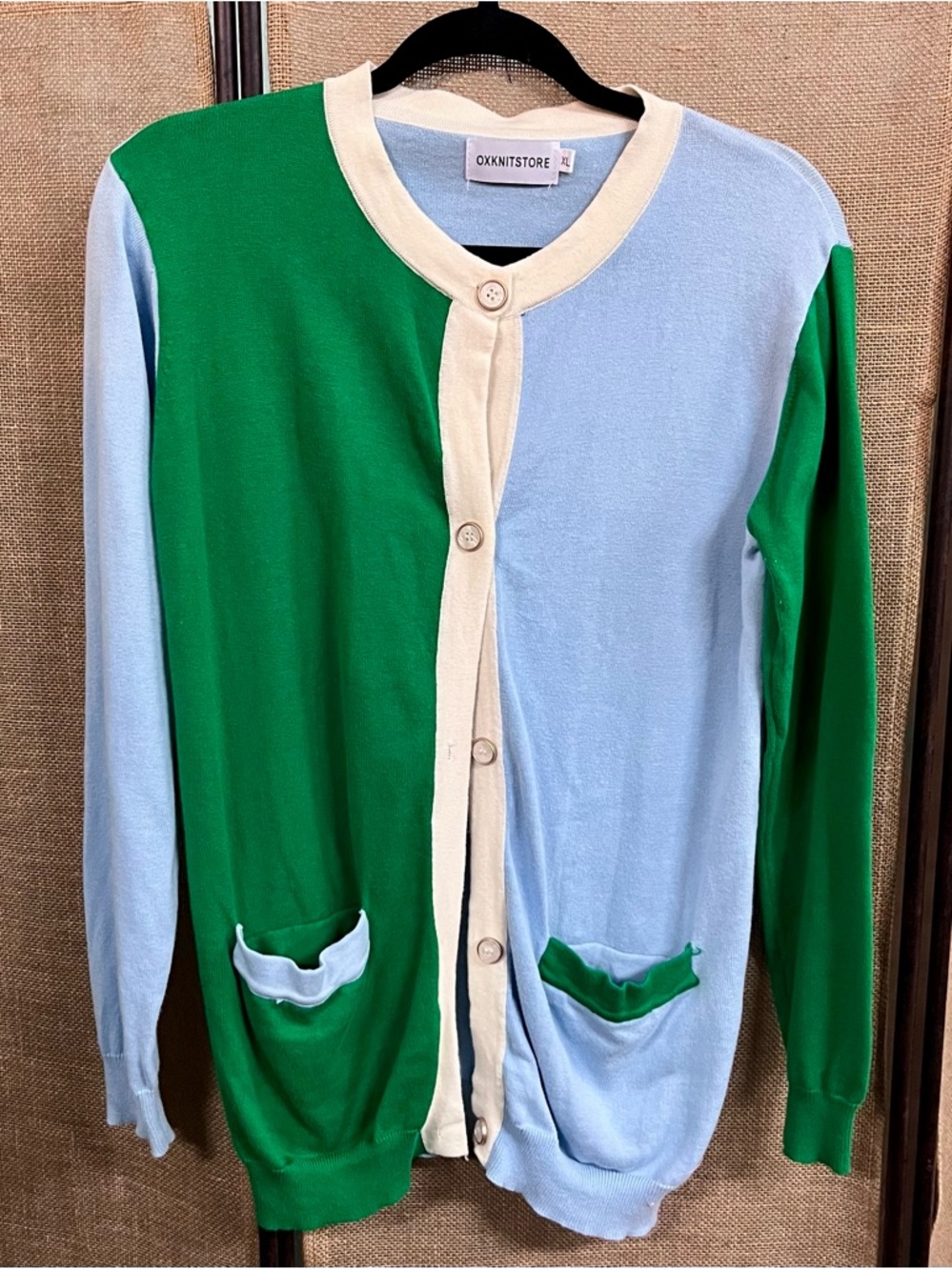 OXKNITSTORE Color Block Green & Light Blue Cardigan Sweater Buttons Pockets